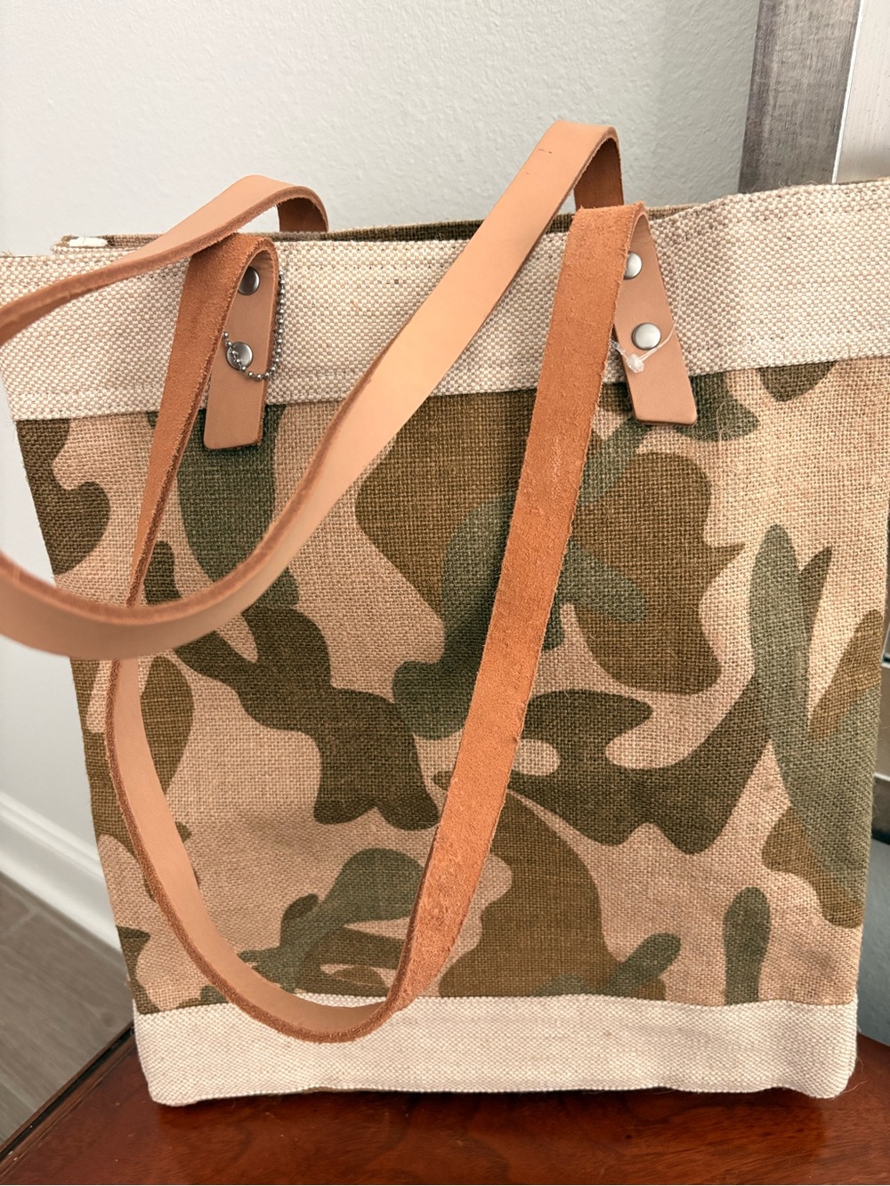 Camo Canvas Tote with Tan Leather Straps